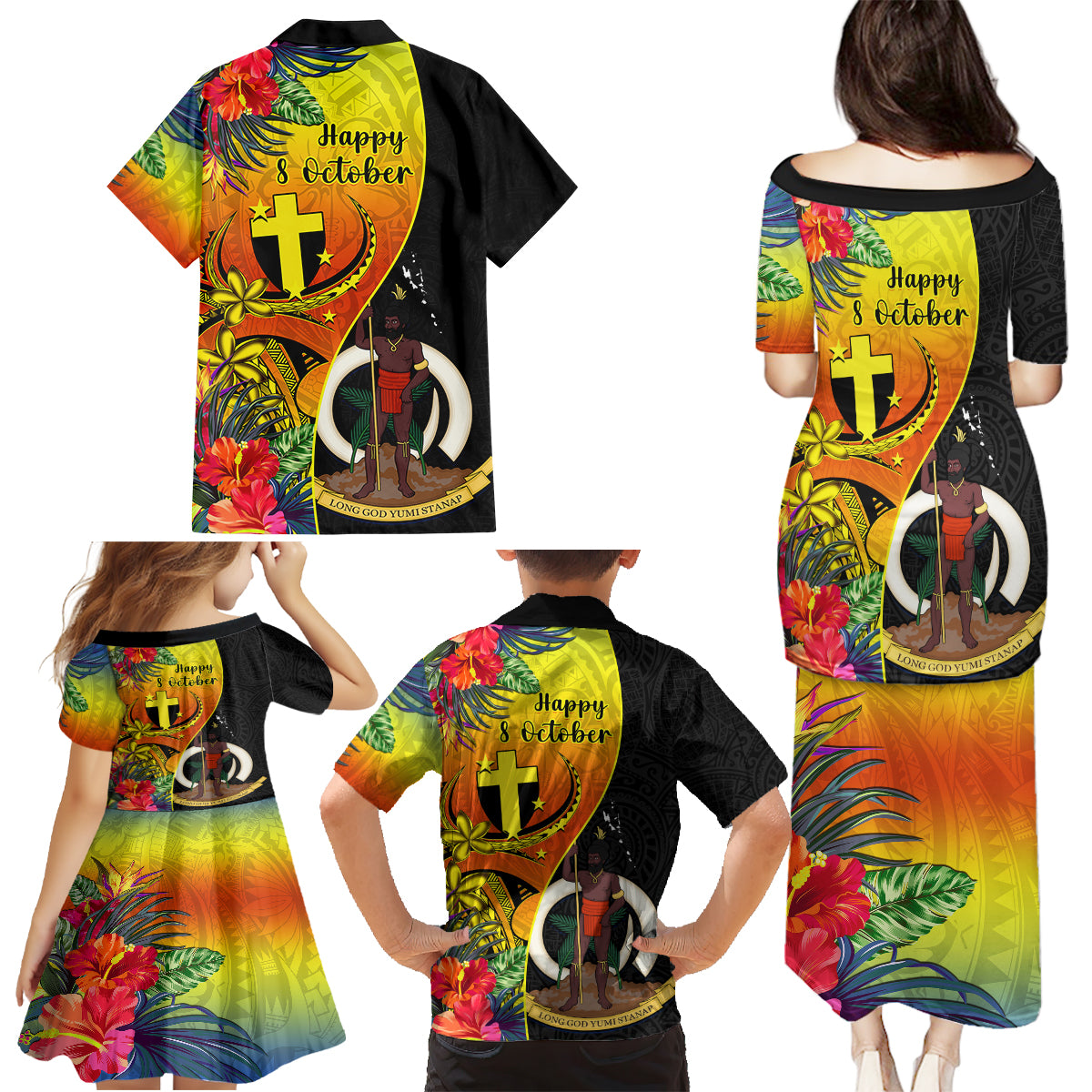 Vanuatu Tafea Day Family Matching Puletasi Dress and Hawaiian Shirt Coat Of Arms Mix Tropical Flowers LT14 - Polynesian Pride