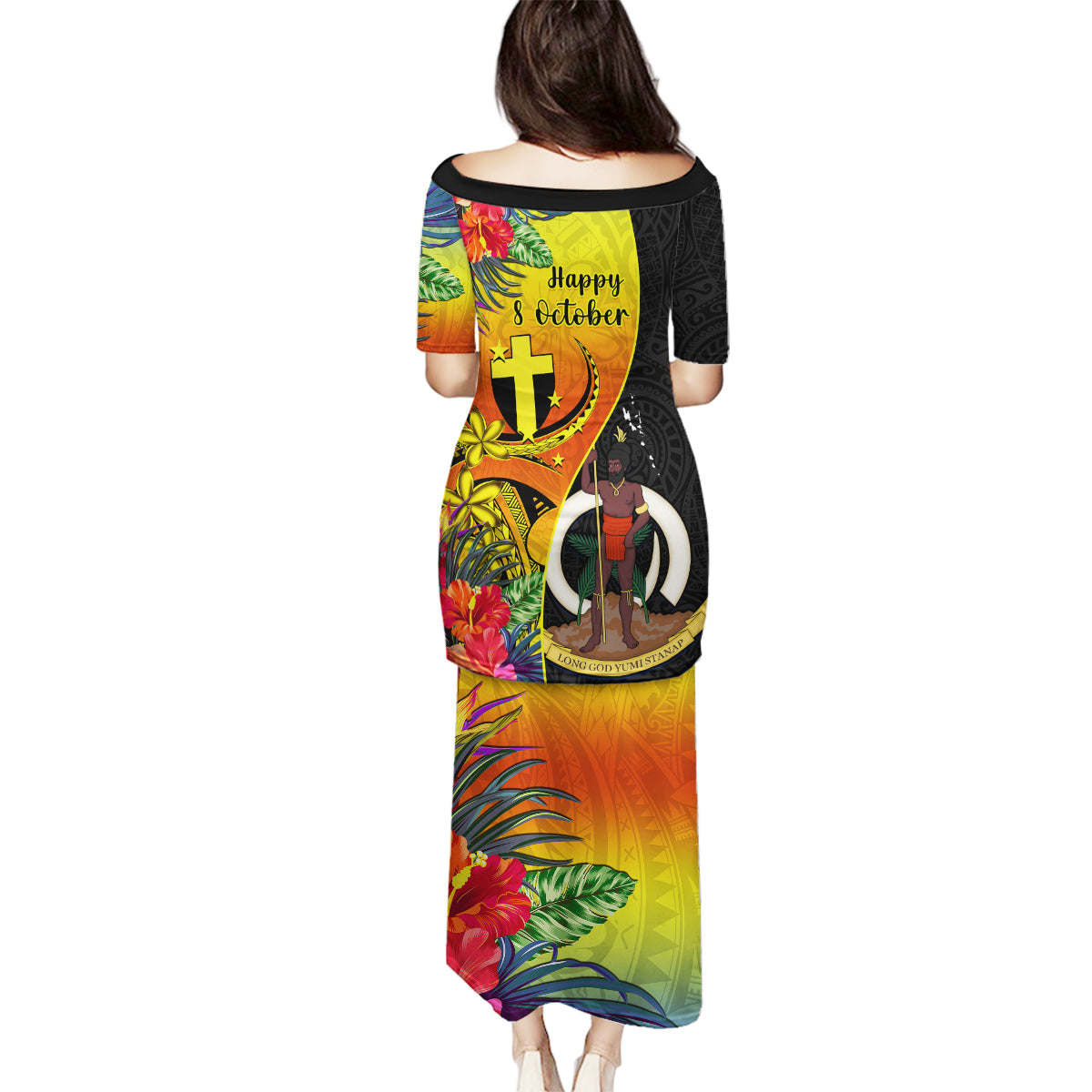 Vanuatu Tafea Day Family Matching Puletasi Dress and Hawaiian Shirt Coat Of Arms Mix Tropical Flowers LT14 - Polynesian Pride