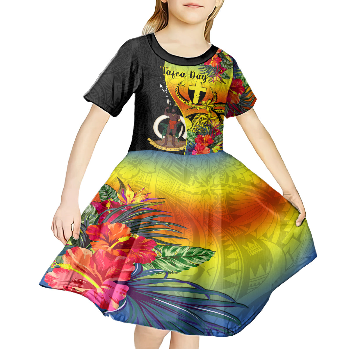 vanuatu-tafea-day-kid-short-sleeve-dress-coat-of-arms-mix-tropical-flowers