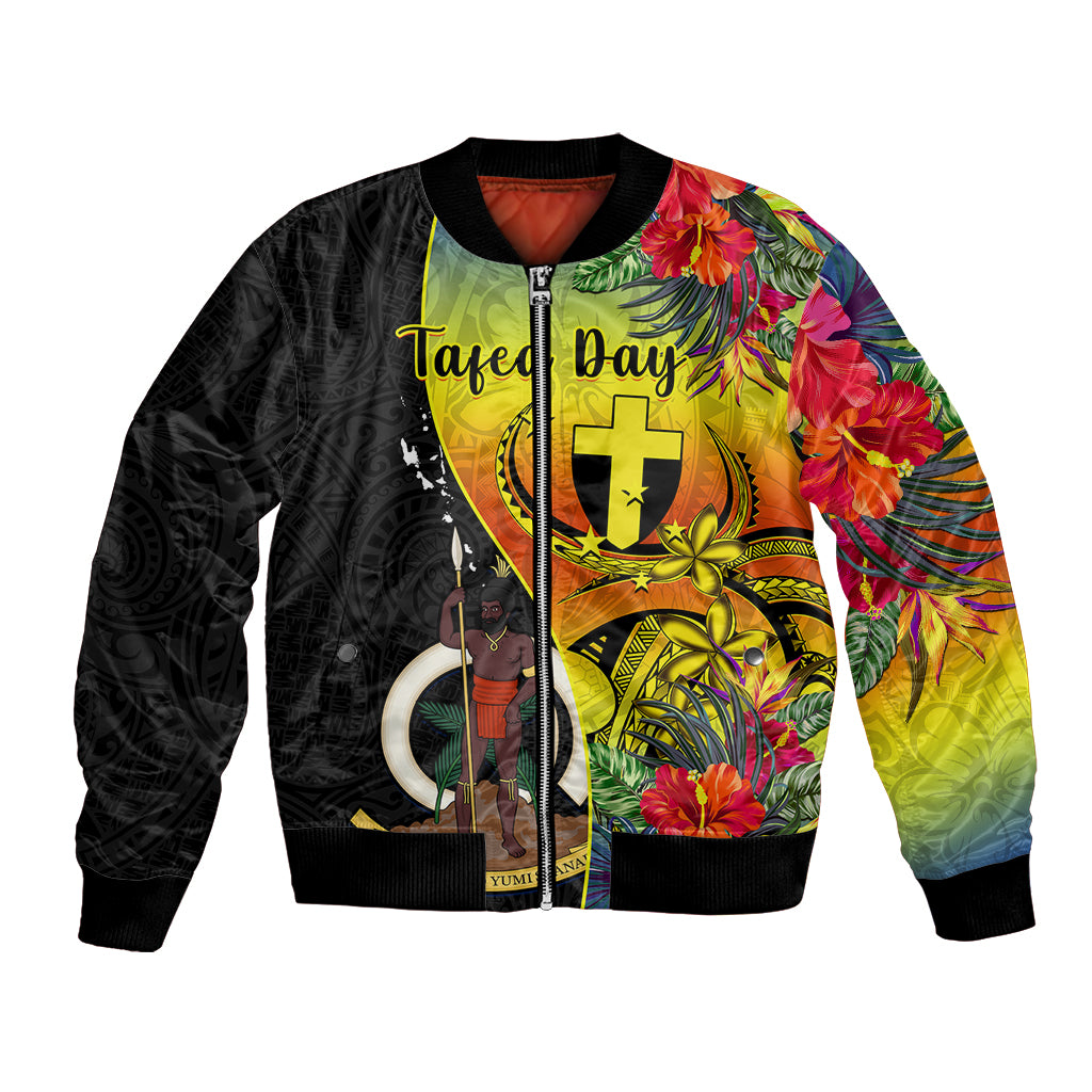 personalised-vanuatu-tafea-day-bomber-jacket-coat-of-arms-mix-tropical-flowers