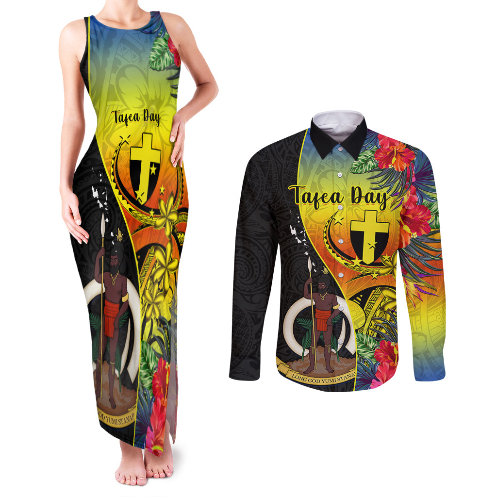 personalised-vanuatu-tafea-day-couples-matching-tank-maxi-dress-and-long-sleeve-button-shirts-coat-of-arms-mix-tropical-flowers