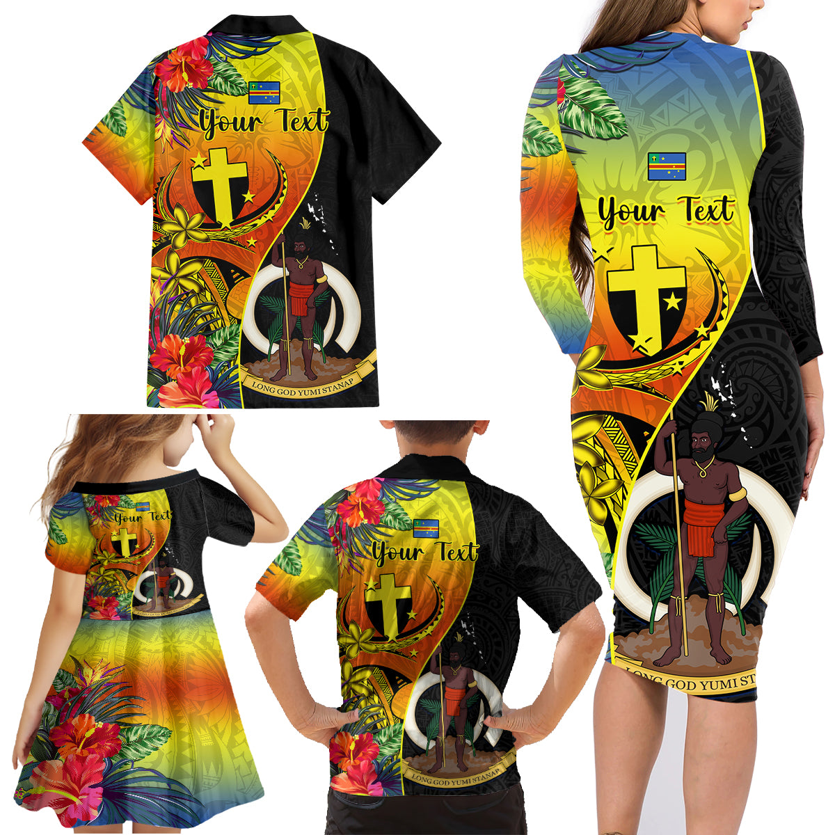 Personalised Vanuatu Tafea Day Family Matching Long Sleeve Bodycon Dress and Hawaiian Shirt Coat Of Arms Mix Tropical Flowers LT14 - Polynesian Pride