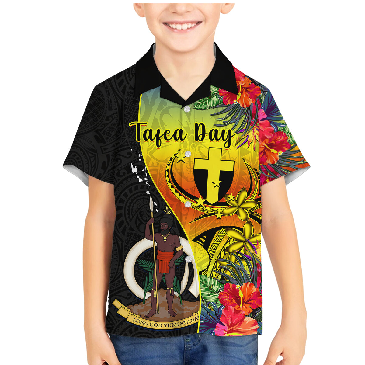 Personalised Vanuatu Tafea Day Family Matching Mermaid Dress and Hawaiian Shirt Coat Of Arms Mix Tropical Flowers LT14 Son's Shirt Black - Polynesian Pride