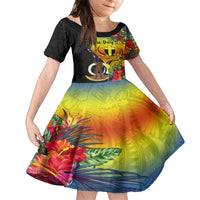 Personalised Vanuatu Tafea Day Family Matching Off Shoulder Long Sleeve Dress and Hawaiian Shirt Coat Of Arms Mix Tropical Flowers LT14 Daughter's Dress Black - Polynesian Pride