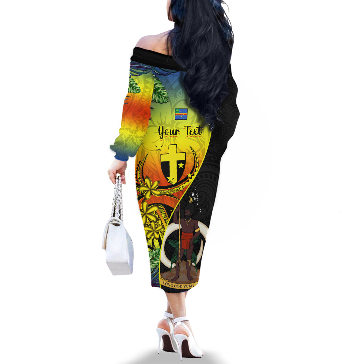 Personalised Vanuatu Tafea Day Family Matching Off Shoulder Long Sleeve Dress and Hawaiian Shirt Coat Of Arms Mix Tropical Flowers LT14 - Polynesian Pride