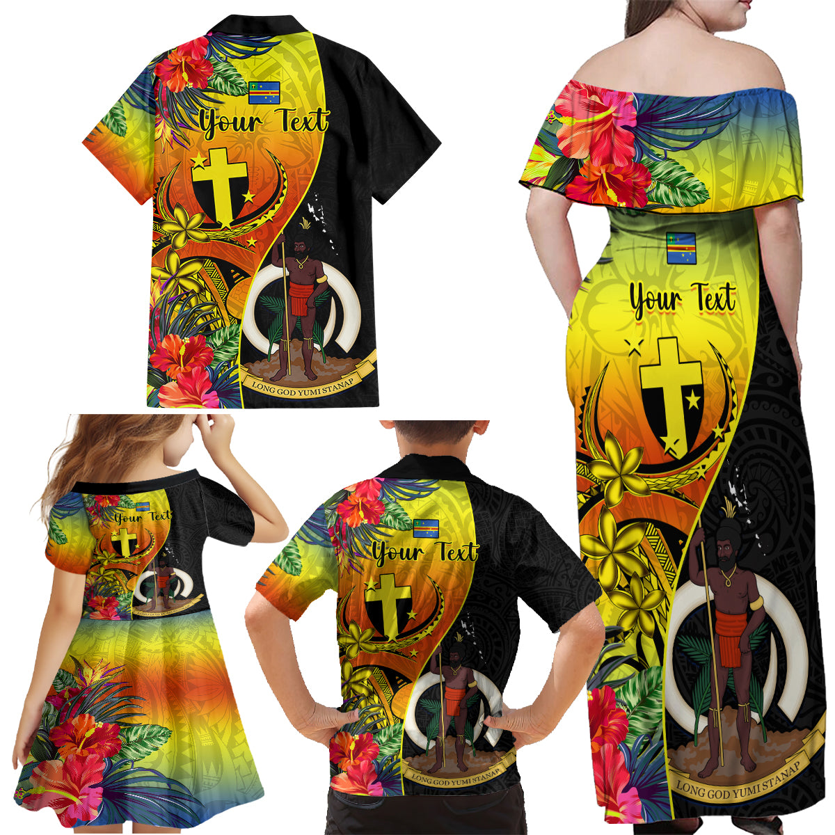 Personalised Vanuatu Tafea Day Family Matching Off Shoulder Maxi Dress and Hawaiian Shirt Coat Of Arms Mix Tropical Flowers LT14 - Polynesian Pride