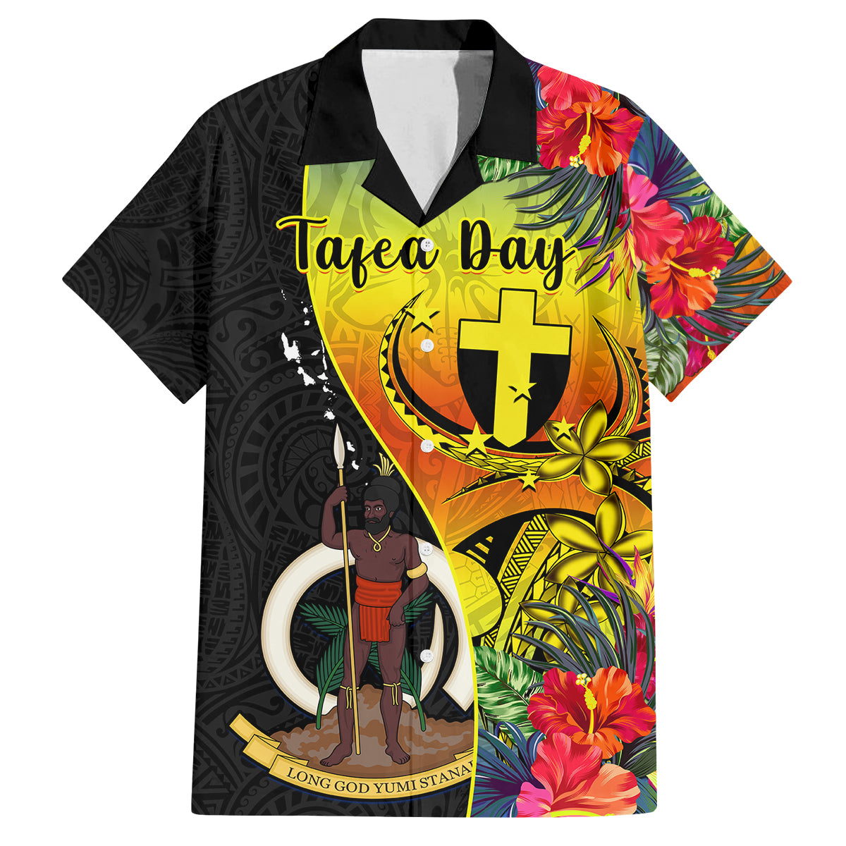 Personalised Vanuatu Tafea Day Family Matching Off Shoulder Short Dress and Hawaiian Shirt Coat Of Arms Mix Tropical Flowers LT14 Dad's Shirt - Short Sleeve Black - Polynesian Pride