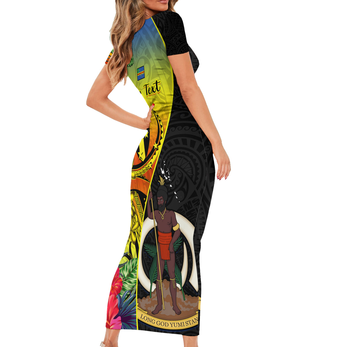 personalised-vanuatu-tafea-day-family-matching-short-sleeve-bodycon-dress-and-hawaiian-shirt-coat-of-arms-mix-tropical-flowers