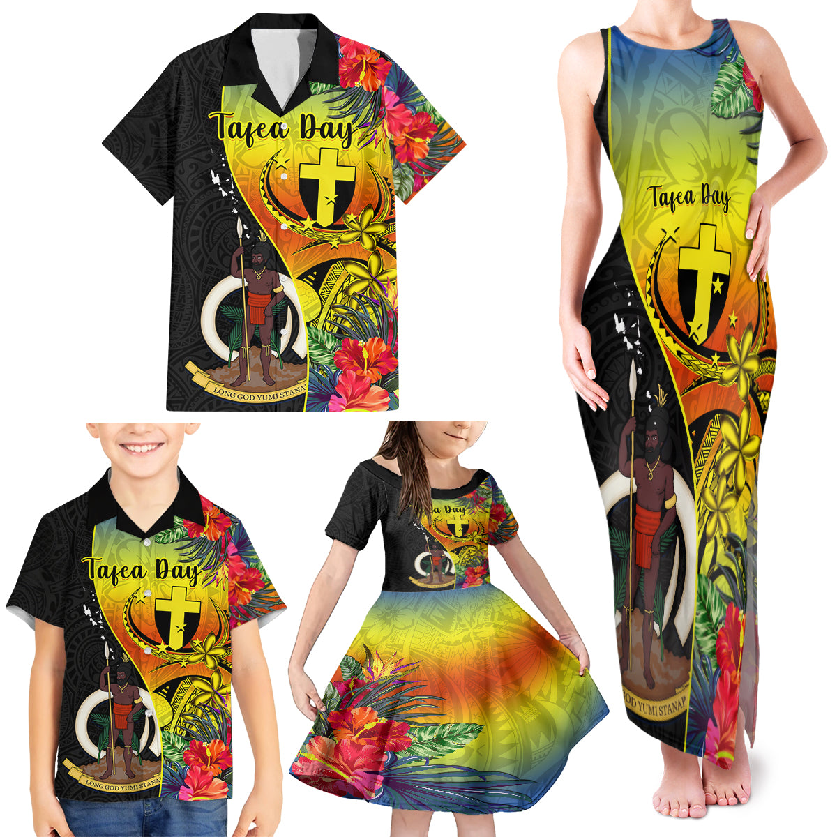 Personalised Vanuatu Tafea Day Family Matching Tank Maxi Dress and Hawaiian Shirt Coat Of Arms Mix Tropical Flowers LT14 - Polynesian Pride