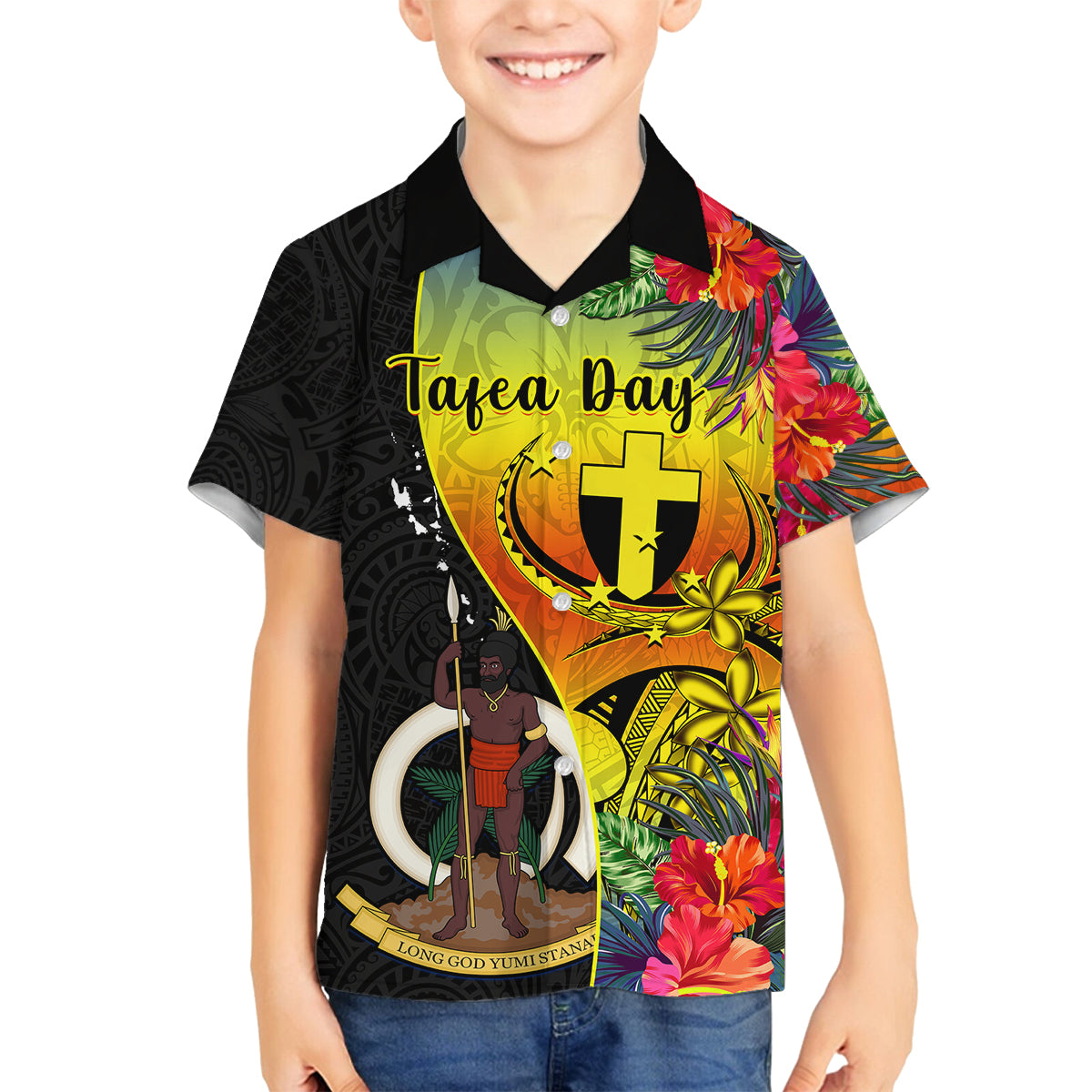 Personalised Vanuatu Tafea Day Family Matching Tank Maxi Dress and Hawaiian Shirt Coat Of Arms Mix Tropical Flowers LT14 Son's Shirt Black - Polynesian Pride