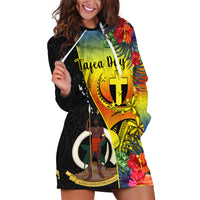 Personalised Vanuatu Tafea Day Hoodie Dress Coat Of Arms Mix Tropical Flowers LT14 Black - Polynesian Pride