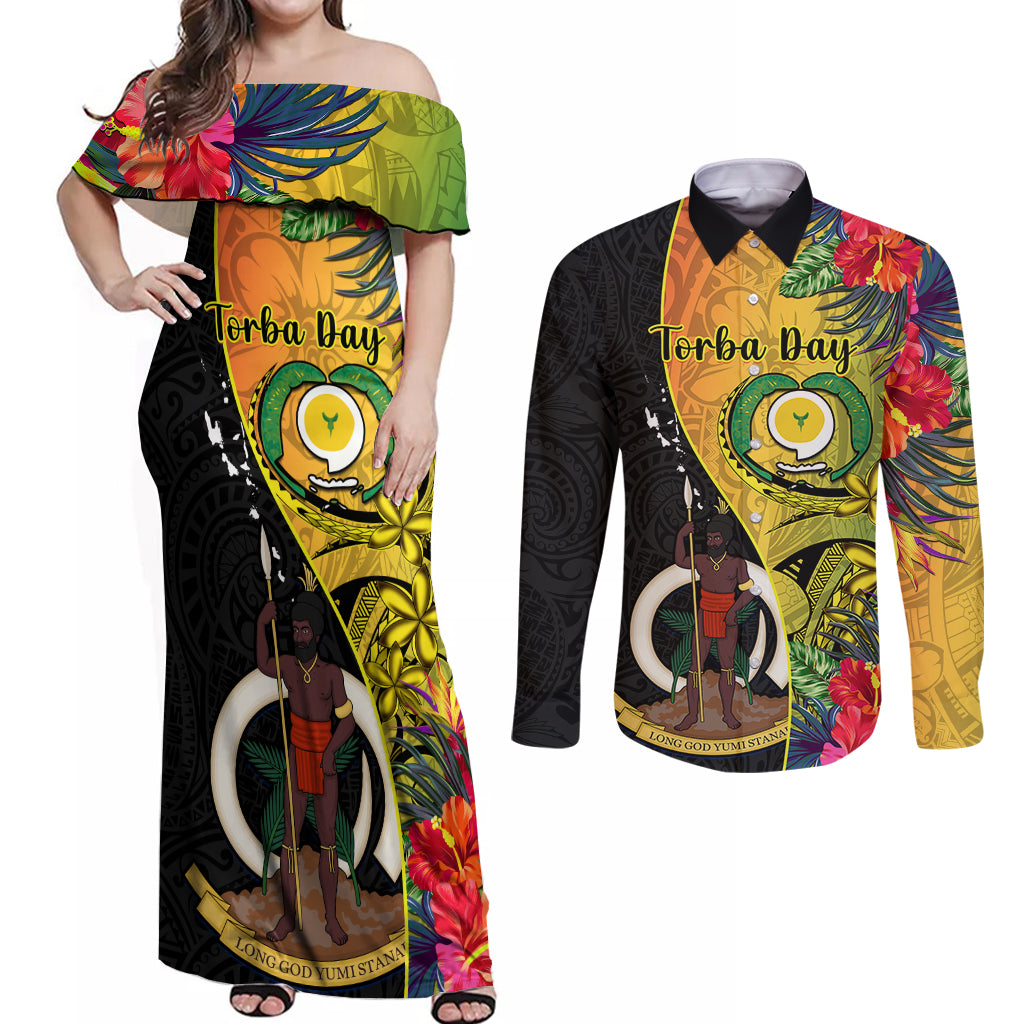 vanuatu-torba-day-couples-matching-off-shoulder-maxi-dress-and-long-sleeve-button-shirts-coat-of-arms-mix-tropical-flowers