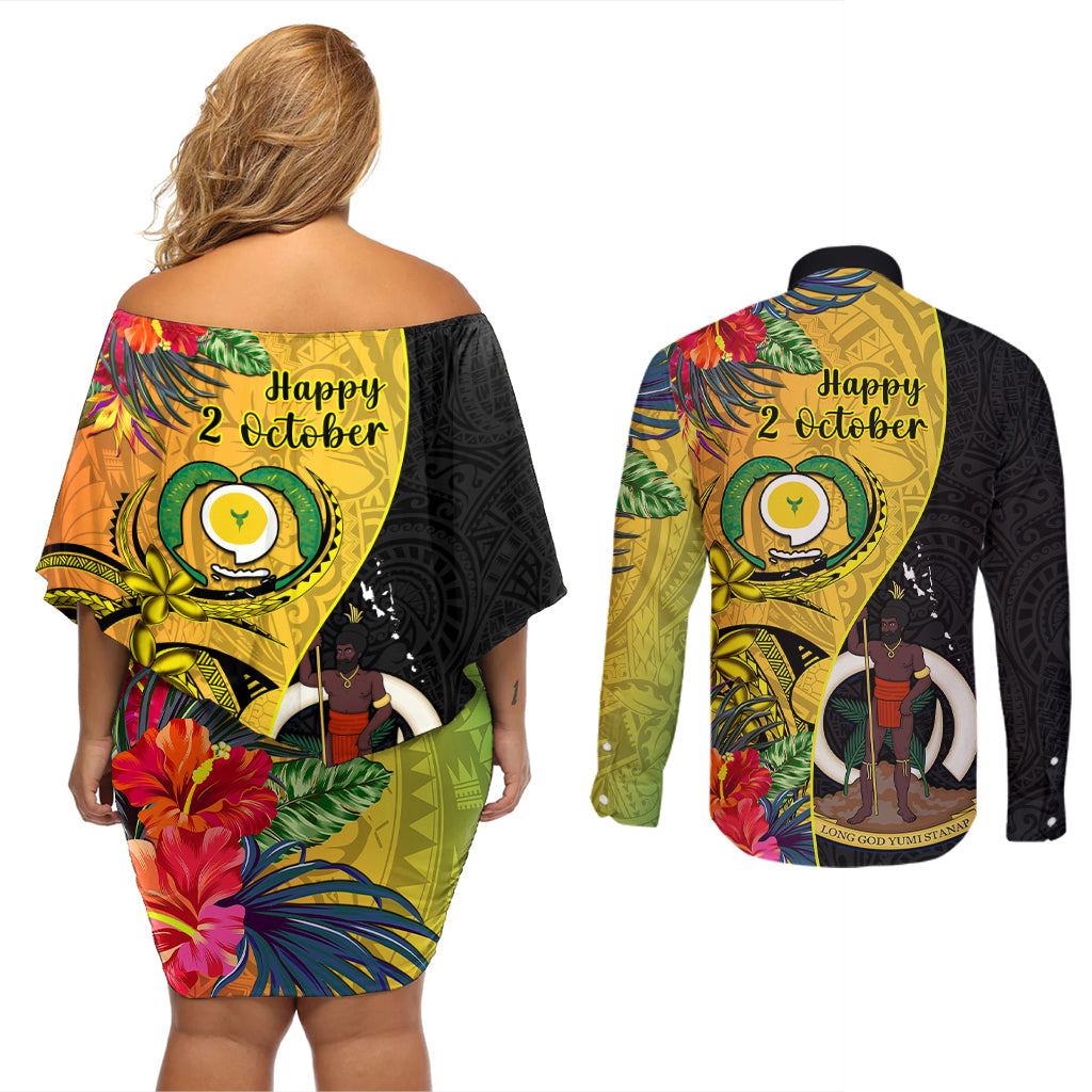 vanuatu-torba-day-couples-matching-off-shoulder-short-dress-and-long-sleeve-button-shirts-coat-of-arms-mix-tropical-flowers