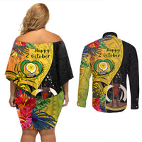 vanuatu-torba-day-couples-matching-off-shoulder-short-dress-and-long-sleeve-button-shirts-coat-of-arms-mix-tropical-flowers