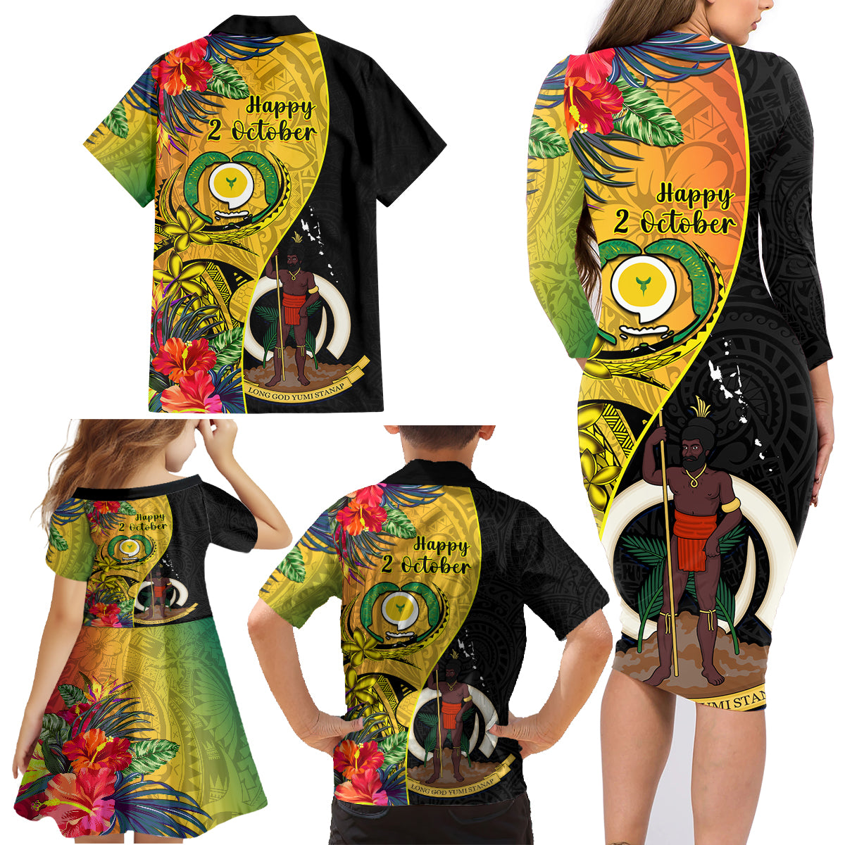 Vanuatu Torba Day Family Matching Long Sleeve Bodycon Dress and Hawaiian Shirt Coat Of Arms Mix Tropical Flowers LT14 - Polynesian Pride