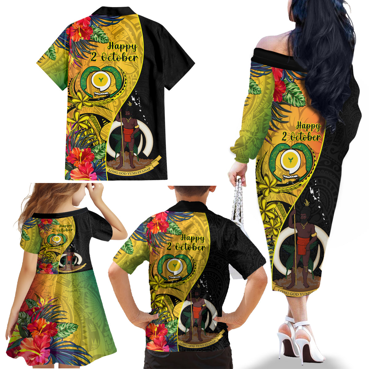 Vanuatu Torba Day Family Matching Off Shoulder Long Sleeve Dress and Hawaiian Shirt Coat Of Arms Mix Tropical Flowers LT14 - Polynesian Pride