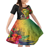 Vanuatu Torba Day Family Matching Off Shoulder Maxi Dress and Hawaiian Shirt Coat Of Arms Mix Tropical Flowers LT14 Daughter's Dress Black - Polynesian Pride