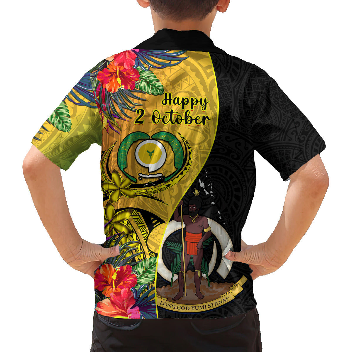 Vanuatu Torba Day Family Matching Off Shoulder Short Dress and Hawaiian Shirt Coat Of Arms Mix Tropical Flowers LT14 - Polynesian Pride