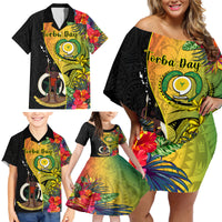 Vanuatu Torba Day Family Matching Off Shoulder Short Dress and Hawaiian Shirt Coat Of Arms Mix Tropical Flowers LT14 - Polynesian Pride
