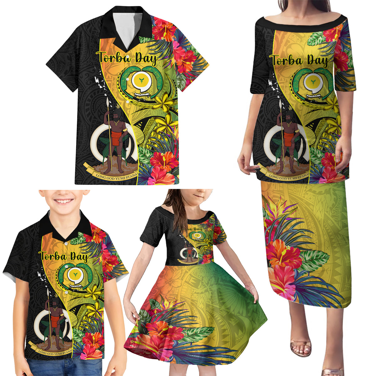 Vanuatu Torba Day Family Matching Puletasi Dress and Hawaiian Shirt Coat Of Arms Mix Tropical Flowers LT14 - Polynesian Pride