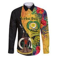 Vanuatu Torba Day Family Matching Puletasi Dress and Hawaiian Shirt Coat Of Arms Mix Tropical Flowers LT14 Dad's Shirt - Long Sleeve Black - Polynesian Pride