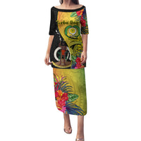 Vanuatu Torba Day Family Matching Puletasi Dress and Hawaiian Shirt Coat Of Arms Mix Tropical Flowers LT14 Mom's Dress Black - Polynesian Pride