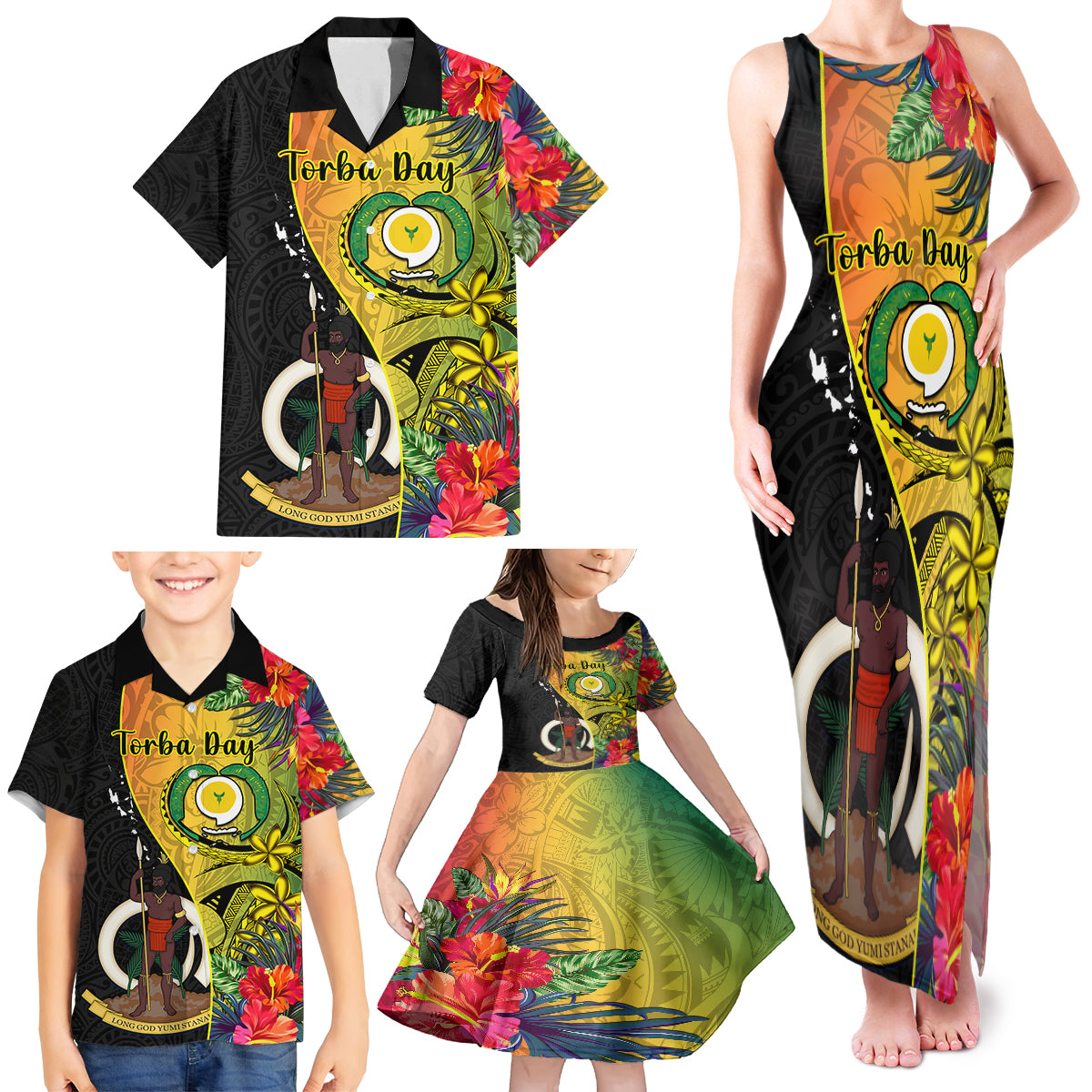 Vanuatu Torba Day Family Matching Tank Maxi Dress and Hawaiian Shirt Coat Of Arms Mix Tropical Flowers LT14 - Polynesian Pride