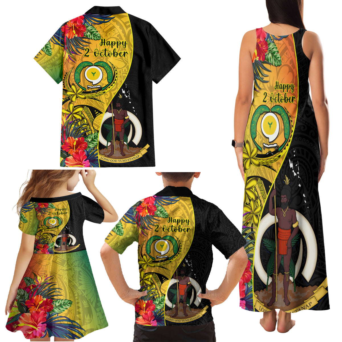 Vanuatu Torba Day Family Matching Tank Maxi Dress and Hawaiian Shirt Coat Of Arms Mix Tropical Flowers LT14 - Polynesian Pride