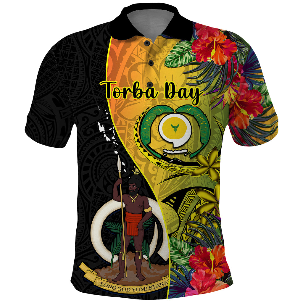 Vanuatu Torba Day Polo Shirt Coat Of Arms Mix Tropical Flowers LT14 Black - Polynesian Pride