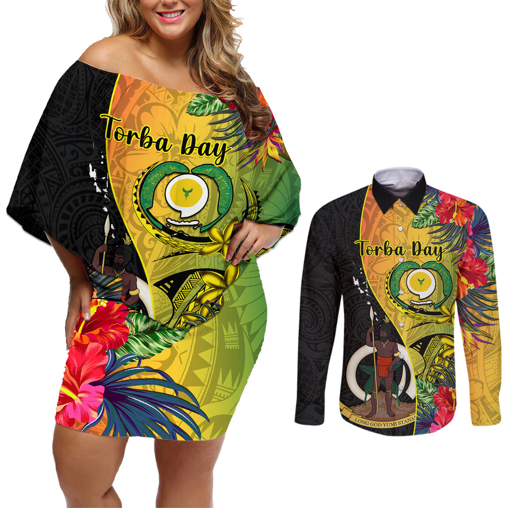 personalised-vanuatu-torba-day-couples-matching-off-shoulder-short-dress-and-long-sleeve-button-shirts-coat-of-arms-mix-tropical-flowers