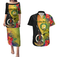 personalised-vanuatu-torba-day-couples-matching-puletasi-dress-and-hawaiian-shirt-coat-of-arms-mix-tropical-flowers