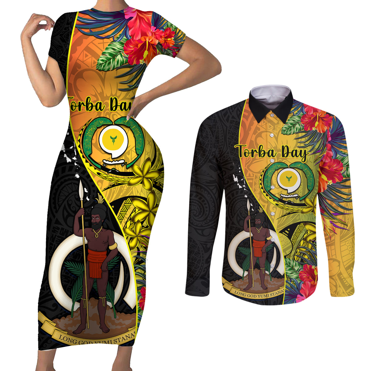 personalised-vanuatu-torba-day-couples-matching-short-sleeve-bodycon-dress-and-long-sleeve-button-shirts-coat-of-arms-mix-tropical-flowers