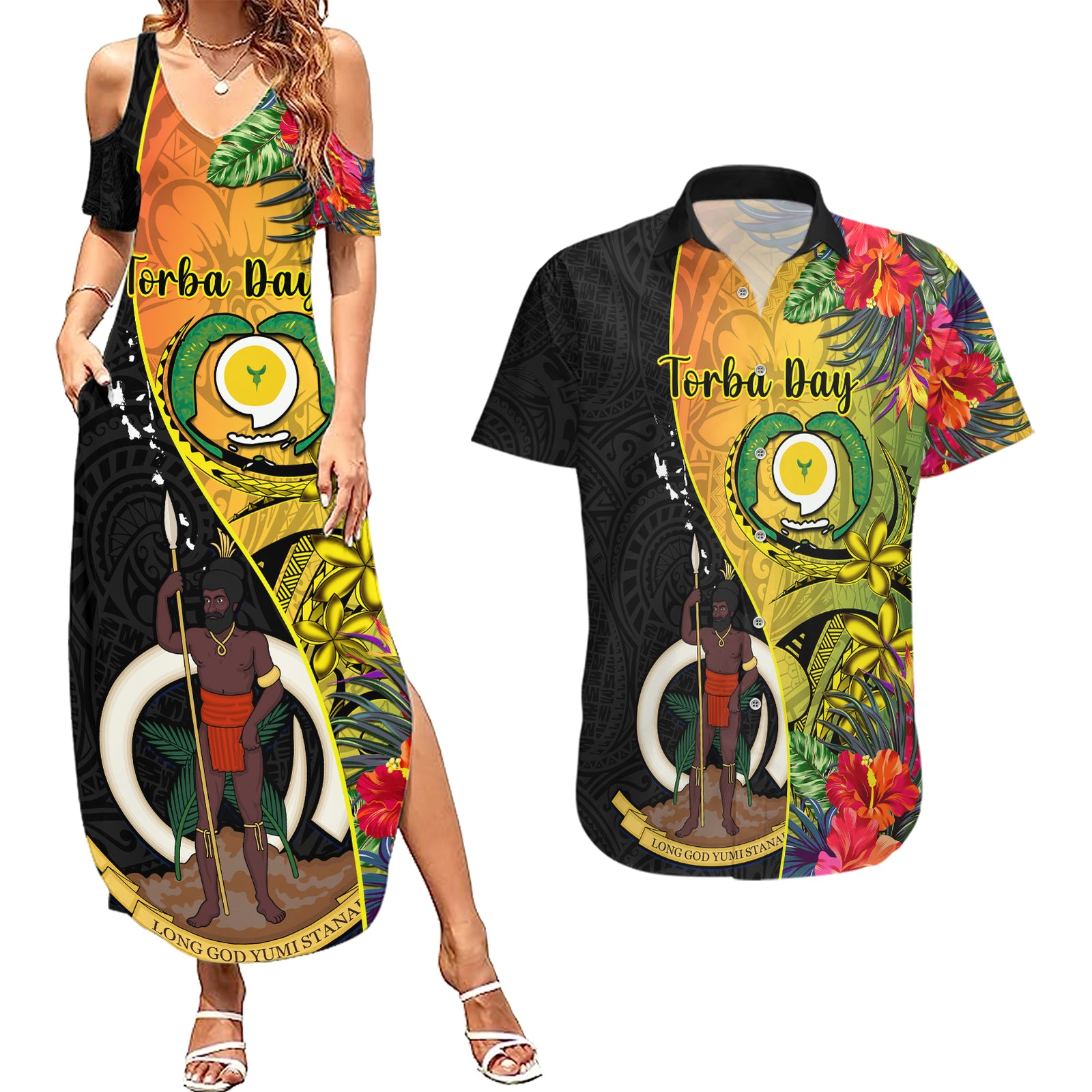 personalised-vanuatu-torba-day-couples-matching-summer-maxi-dress-and-hawaiian-shirt-coat-of-arms-mix-tropical-flowers