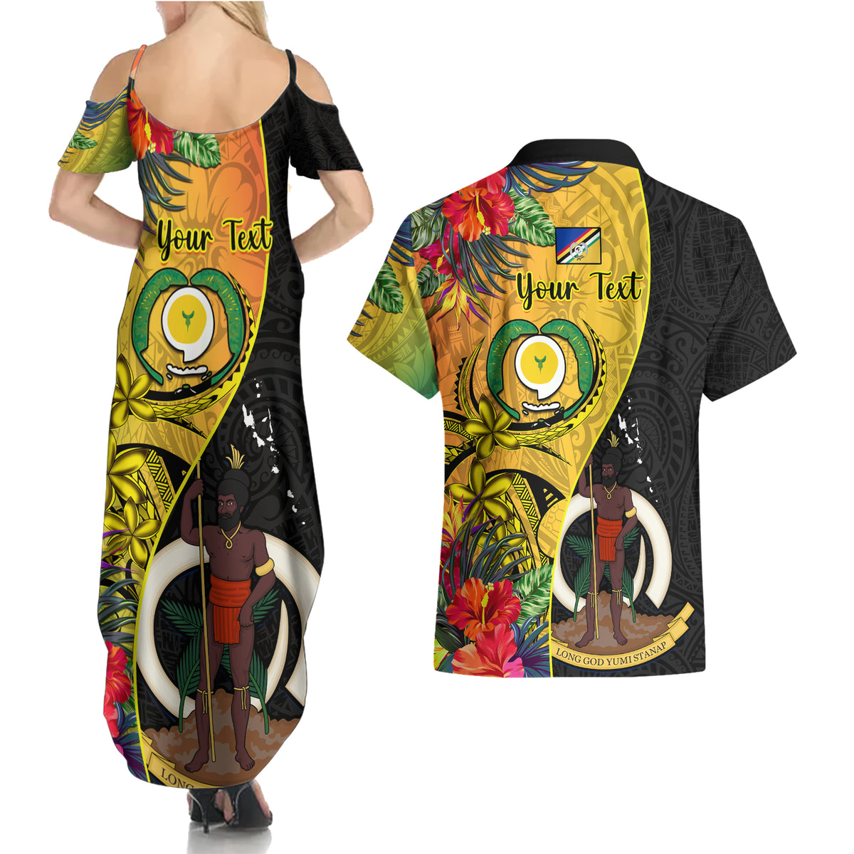 personalised-vanuatu-torba-day-couples-matching-summer-maxi-dress-and-hawaiian-shirt-coat-of-arms-mix-tropical-flowers