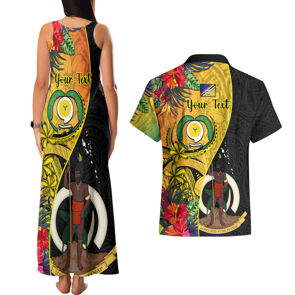 personalised-vanuatu-torba-day-couples-matching-tank-maxi-dress-and-hawaiian-shirt-coat-of-arms-mix-tropical-flowers