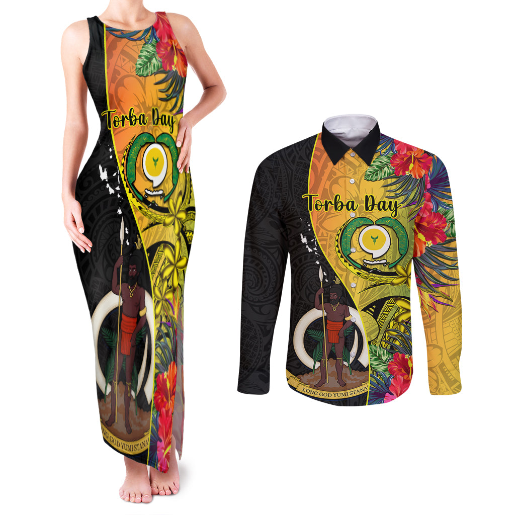 personalised-vanuatu-torba-day-couples-matching-tank-maxi-dress-and-long-sleeve-button-shirts-coat-of-arms-mix-tropical-flowers
