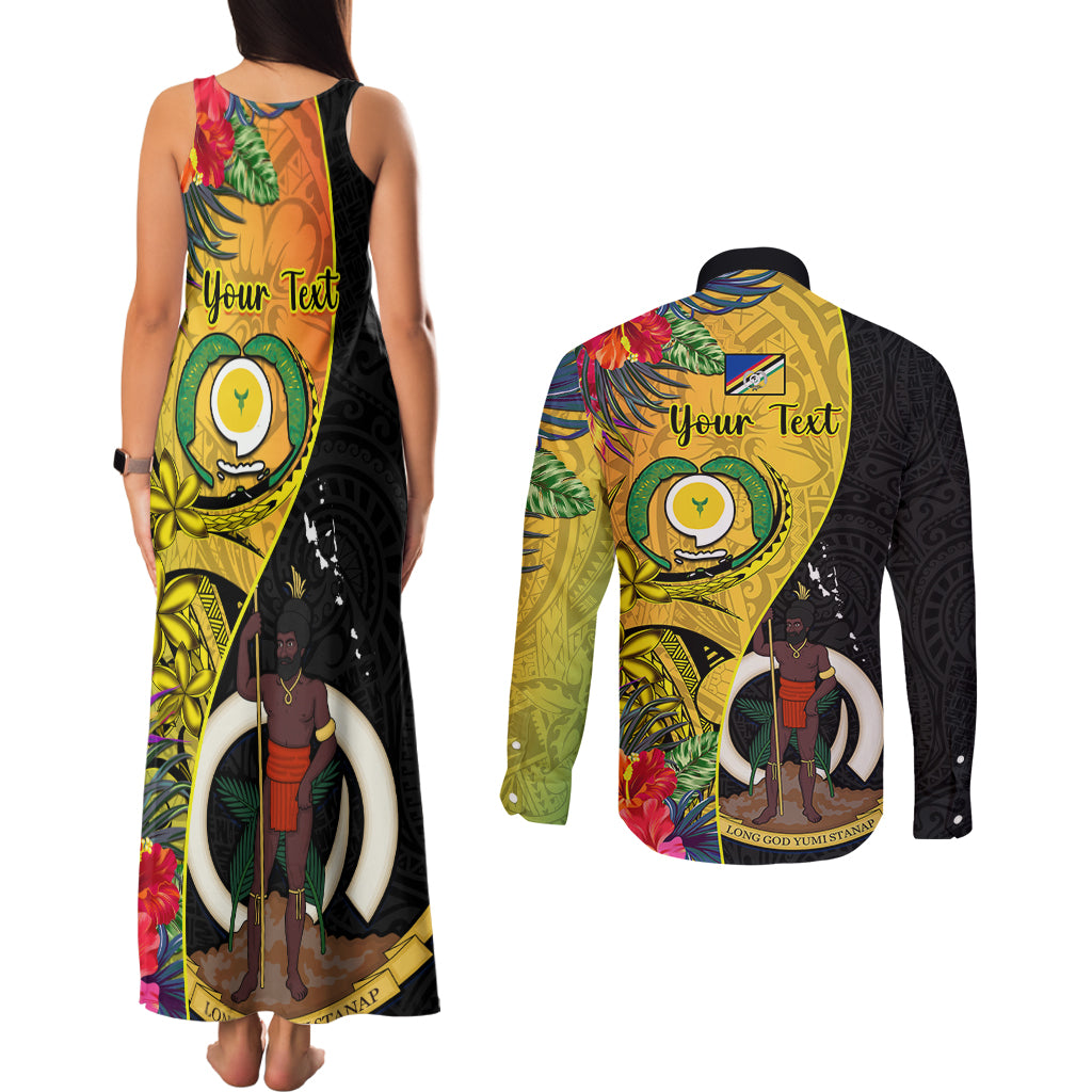 personalised-vanuatu-torba-day-couples-matching-tank-maxi-dress-and-long-sleeve-button-shirts-coat-of-arms-mix-tropical-flowers