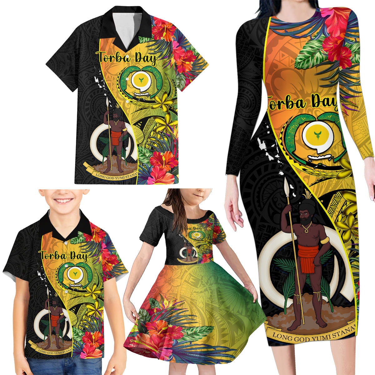 Personalised Vanuatu Torba Day Family Matching Long Sleeve Bodycon Dress and Hawaiian Shirt Coat Of Arms Mix Tropical Flowers LT14 - Polynesian Pride