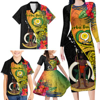 Personalised Vanuatu Torba Day Family Matching Long Sleeve Bodycon Dress and Hawaiian Shirt Coat Of Arms Mix Tropical Flowers LT14 - Polynesian Pride