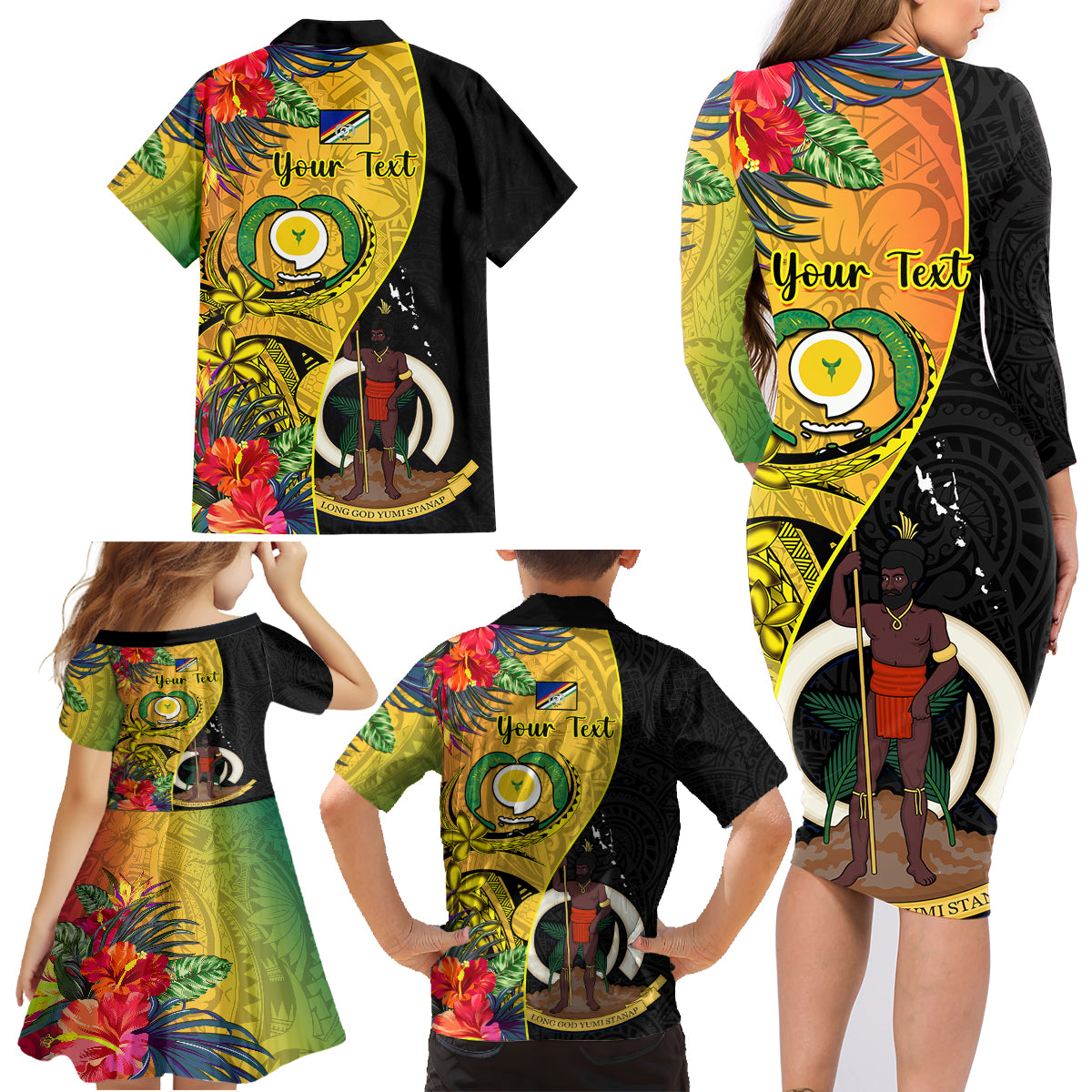 Personalised Vanuatu Torba Day Family Matching Long Sleeve Bodycon Dress and Hawaiian Shirt Coat Of Arms Mix Tropical Flowers LT14 - Polynesian Pride