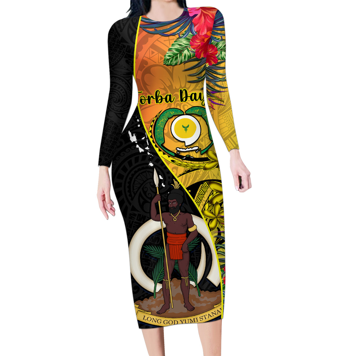 Personalised Vanuatu Torba Day Family Matching Long Sleeve Bodycon Dress and Hawaiian Shirt Coat Of Arms Mix Tropical Flowers LT14 Mom's Dress Black - Polynesian Pride