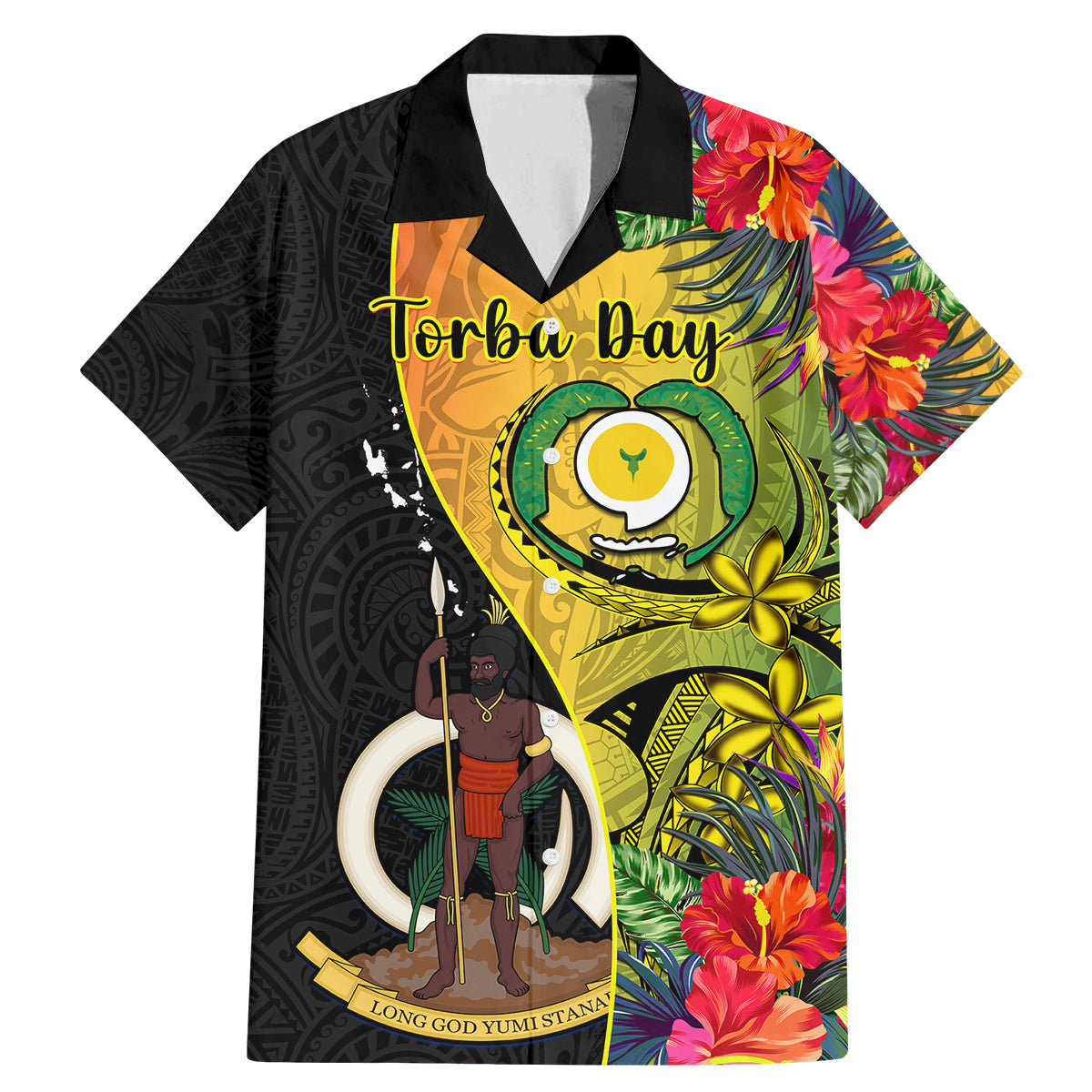 Personalised Vanuatu Torba Day Family Matching Mermaid Dress and Hawaiian Shirt Coat Of Arms Mix Tropical Flowers LT14 Dad's Shirt - Short Sleeve Black - Polynesian Pride