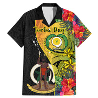 Personalised Vanuatu Torba Day Family Matching Mermaid Dress and Hawaiian Shirt Coat Of Arms Mix Tropical Flowers LT14 Dad's Shirt - Short Sleeve Black - Polynesian Pride