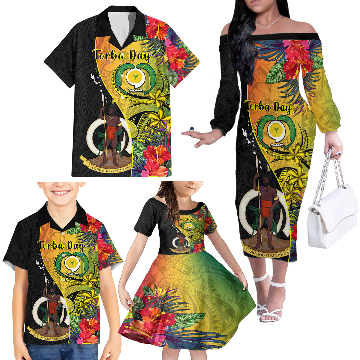 Personalised Vanuatu Torba Day Family Matching Off Shoulder Long Sleeve Dress and Hawaiian Shirt Coat Of Arms Mix Tropical Flowers LT14 - Polynesian Pride