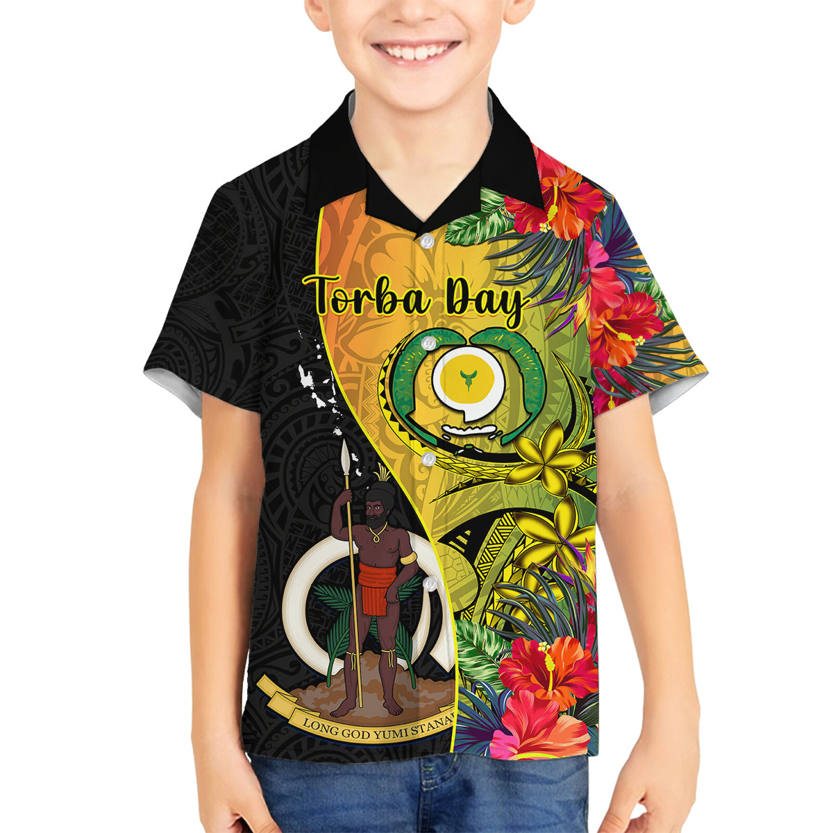 Personalised Vanuatu Torba Day Family Matching Off Shoulder Long Sleeve Dress and Hawaiian Shirt Coat Of Arms Mix Tropical Flowers LT14 Son's Shirt Black - Polynesian Pride
