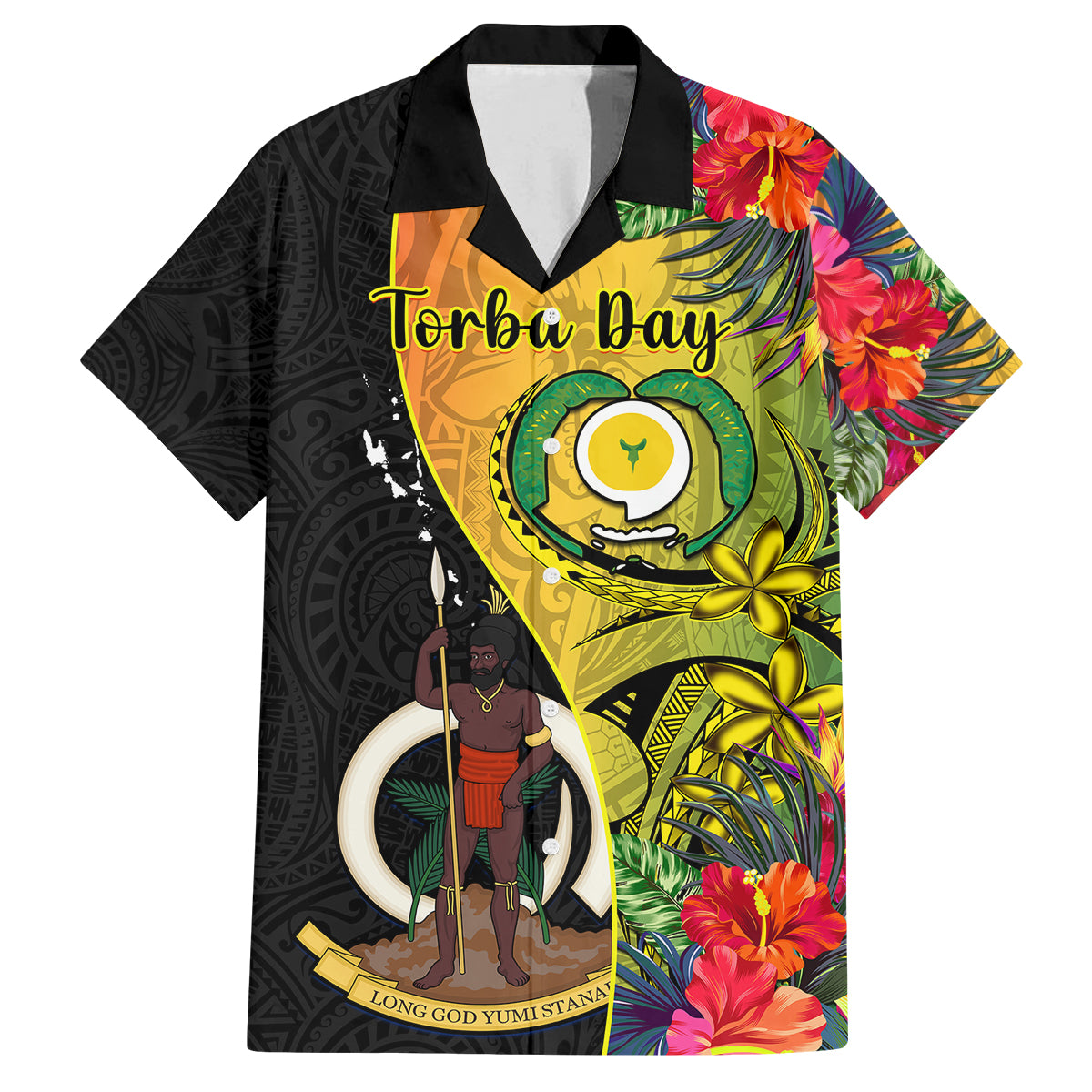 Personalised Vanuatu Torba Day Family Matching Off Shoulder Maxi Dress and Hawaiian Shirt Coat Of Arms Mix Tropical Flowers LT14 Dad's Shirt - Short Sleeve Black - Polynesian Pride
