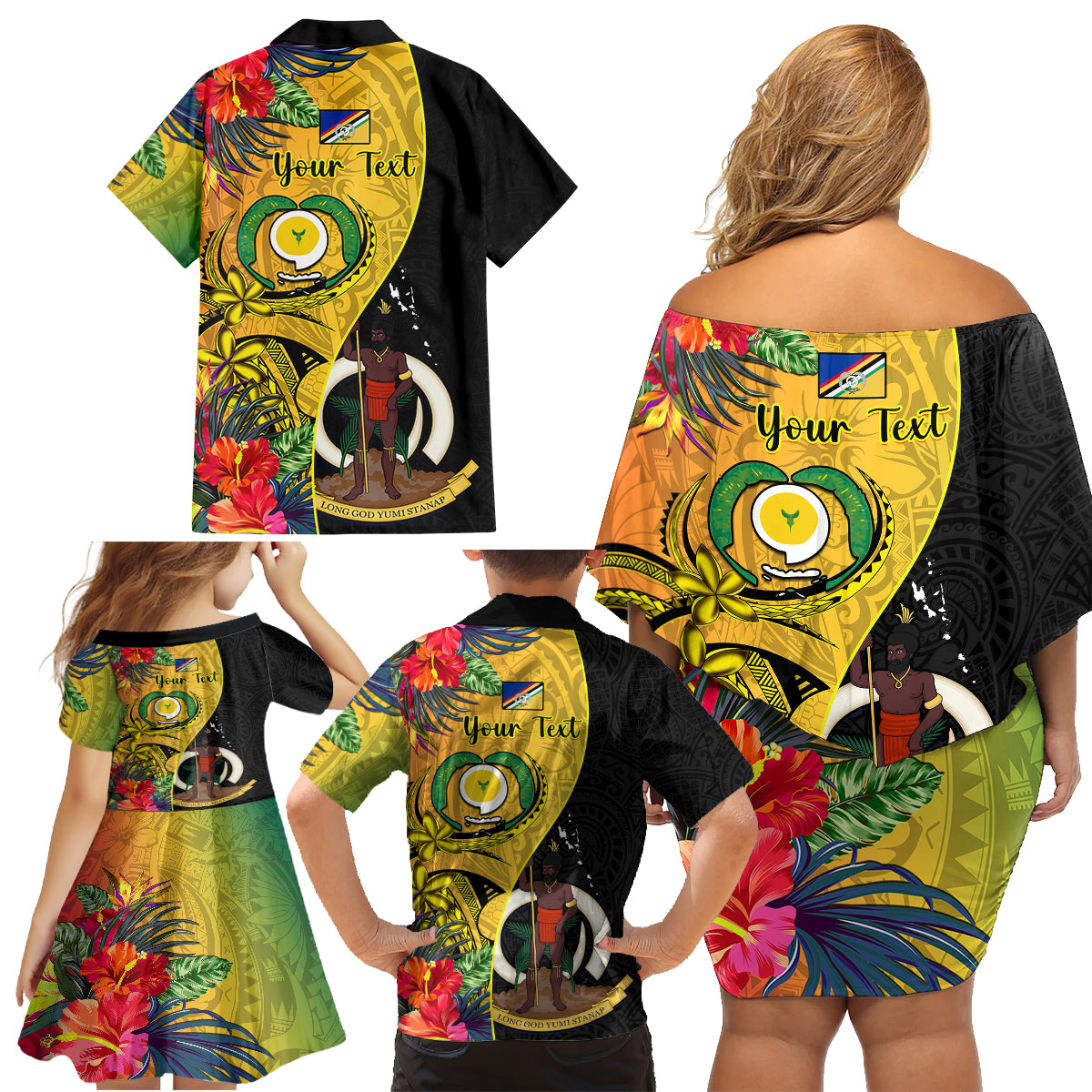 Personalised Vanuatu Torba Day Family Matching Off Shoulder Short Dress and Hawaiian Shirt Coat Of Arms Mix Tropical Flowers LT14 - Polynesian Pride
