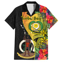 Personalised Vanuatu Torba Day Family Matching Off Shoulder Short Dress and Hawaiian Shirt Coat Of Arms Mix Tropical Flowers LT14 Dad's Shirt - Short Sleeve Black - Polynesian Pride