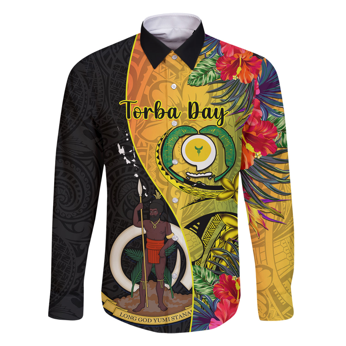 Personalised Vanuatu Torba Day Family Matching Off Shoulder Short Dress and Hawaiian Shirt Coat Of Arms Mix Tropical Flowers LT14 Dad's Shirt - Long Sleeve Black - Polynesian Pride