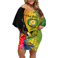 Personalised Vanuatu Torba Day Family Matching Off Shoulder Short Dress and Hawaiian Shirt Coat Of Arms Mix Tropical Flowers LT14 Mom's Dress Black - Polynesian Pride